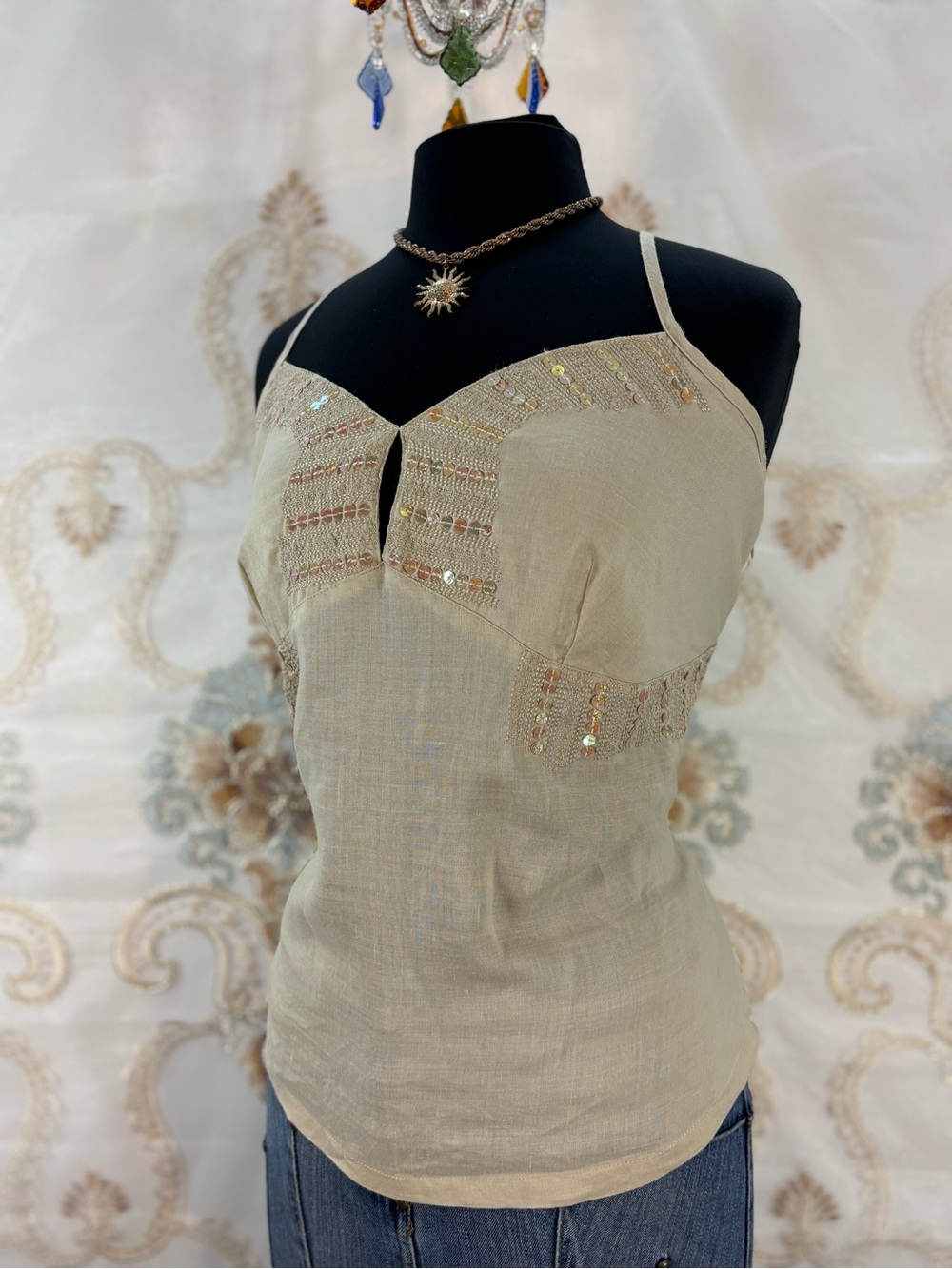 ✨Vintage Y2K Bohemian Beige Linen Sequins Racerback Tank Top✨ - Picture 2 of 9